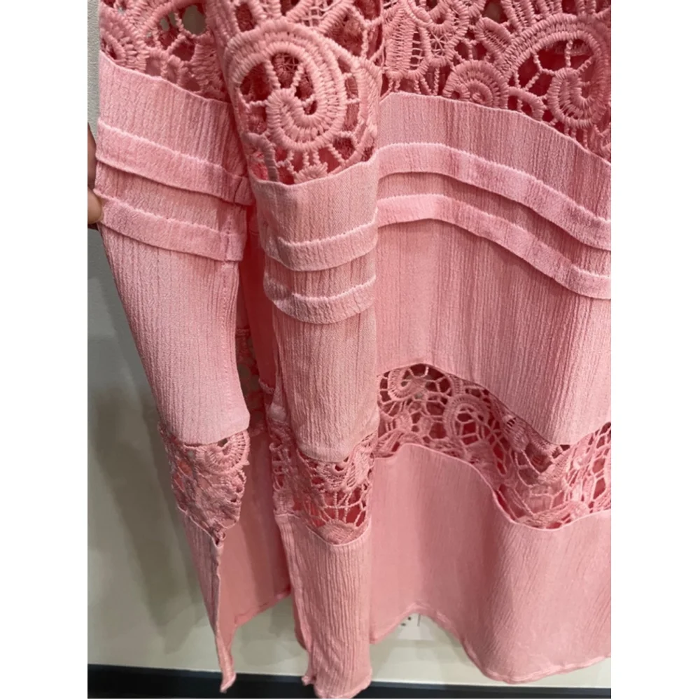 Amiani Tiered Pink Maxi Dress Lace Crochet XL Lightweight Rayon Resort Wear - Picture 5 of 11